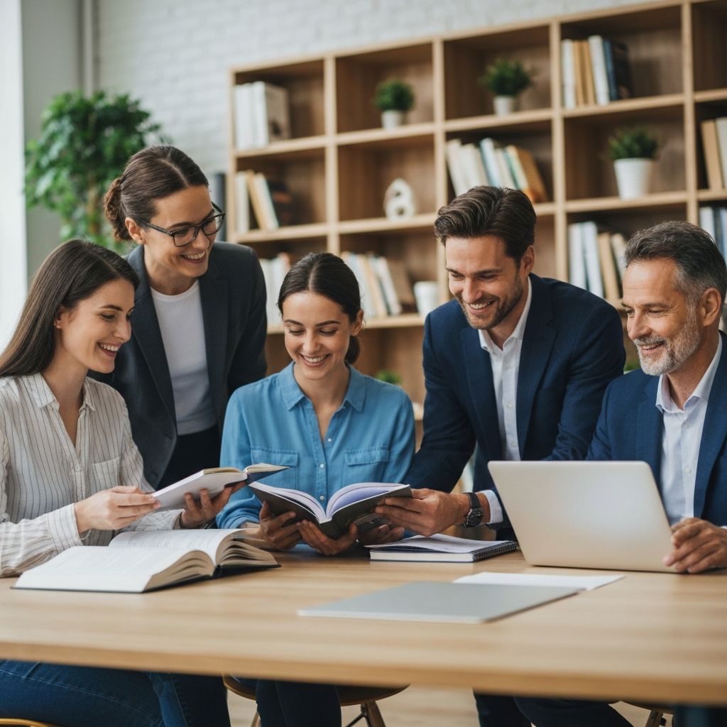 Equipo de docentes colaborando en la publicación de un libro educativo